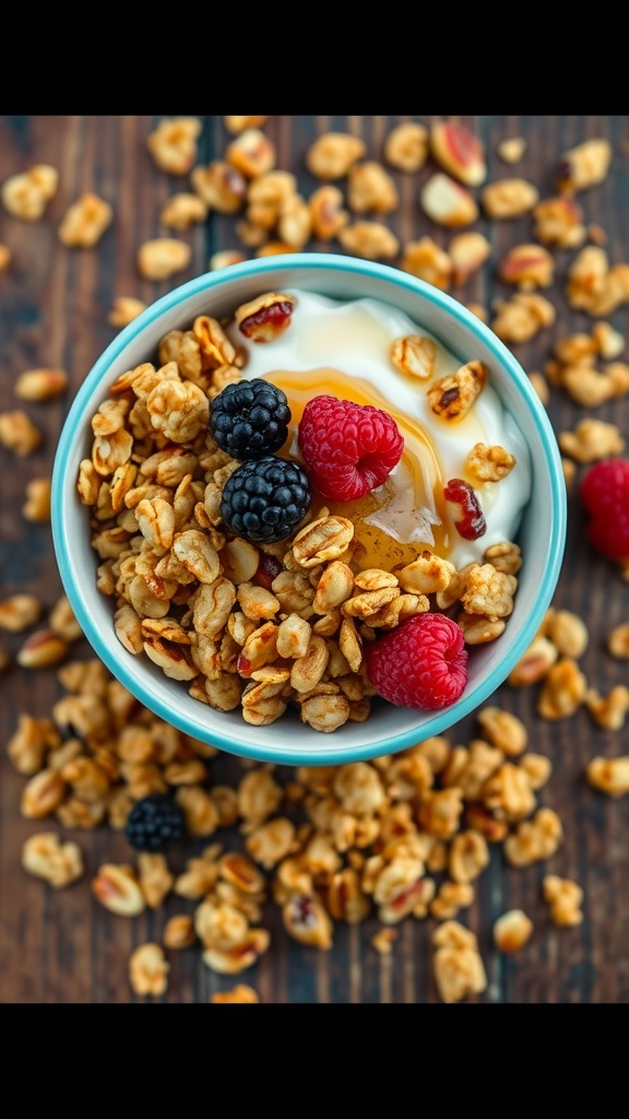 Crispy homemade granola with oats, nuts, and honey in a bowl, surrounded by fresh berries.